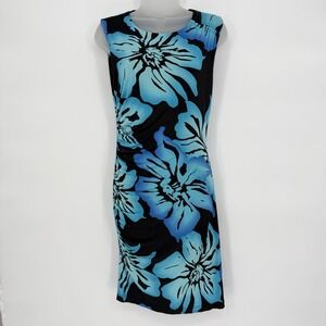 Cache Sz 8 Ruched Bodycon Floral Stretch Mini Dress Boatneck Sleeveless Hawaii‎
